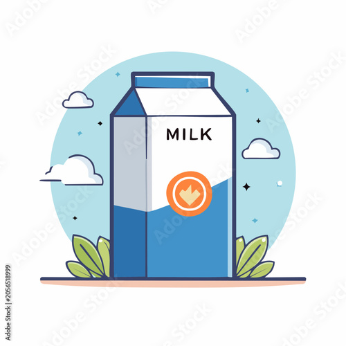 Milk carton illustration with clouds and plants