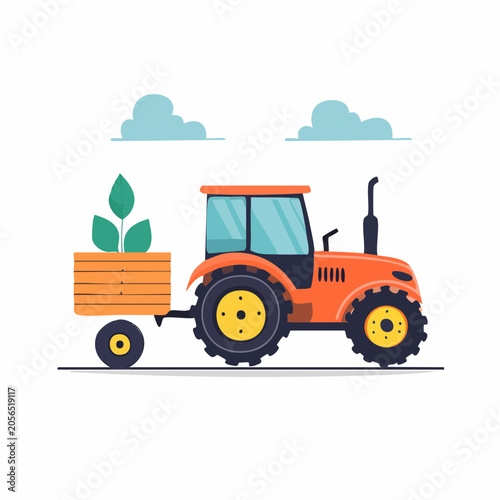 Orange tractor with trailer carrying plants