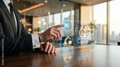 Future Airport Customer Experience Concept with Glowing Holographic Biometric Check In, Automated Baggage Handling and AI Concierge Technology for Smart Aviation Services