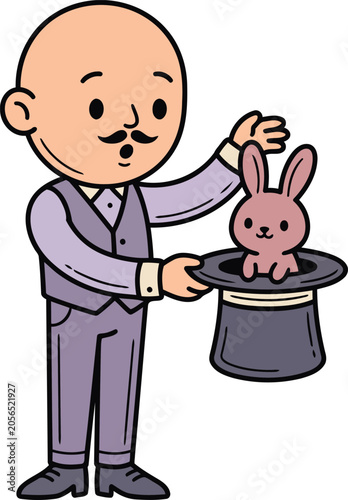 Cute Magician Performing Rabbit Trick Flat Vector Illustration with Magic Hat, Stage Performance and Entertainer Character Design.