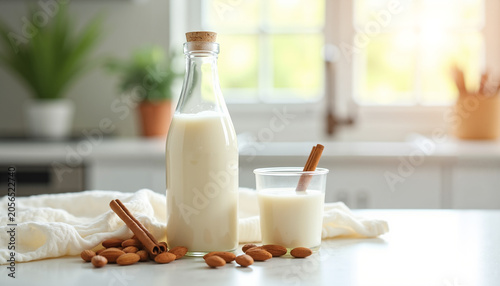 Almond milk in a glass and bottle with almonds on kitchen countertop  
