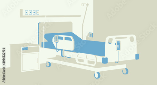 Minimalist vector illustration of a modern hospital bed in a medical room setting.
