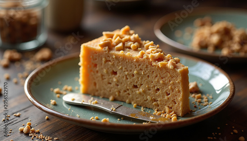 Delicious cheesecake slice topped with crushed nuts on teal plate  