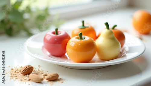 Decorative fruits in various colors on a white plate with almonds  