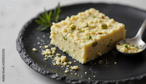 Sweet block of Indian dessert with pistachios on a black plate  