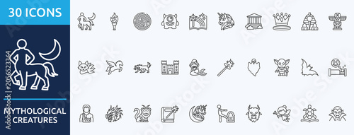 mythological creatures- Icon Collection. Thin outline Set contains such Icons as torch, labyrinth, monster, fairy tale, unicorn and more. Simple web icons set
