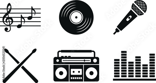 Foto Music icons set with microphone, vinyl, boombox and drumsticks