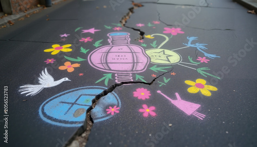 Colorful chalk art on cracked pavement featuring flowers and birds  