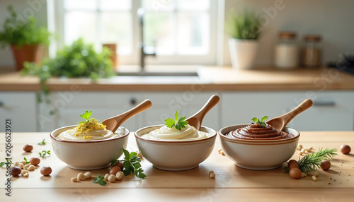 Three bowls of creamy spreads on wooden kitchen table with herbs  