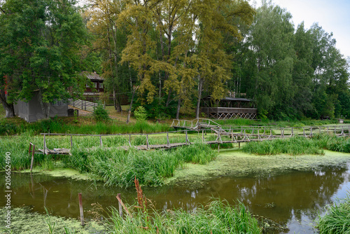 Foto A small wooden bridge over a swampy river backwater on a summer evening