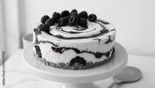 Black and white cheesecake with chocolate swirl and raspberries  