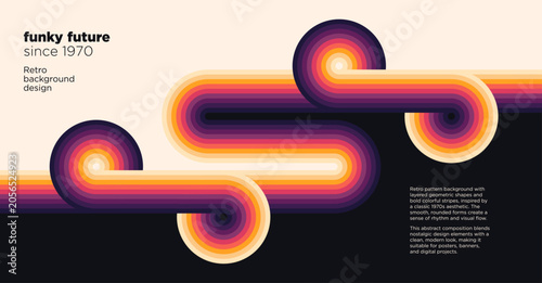 Retro geometric background with flowing rainbow stripes and rounded shapes, inspired by classic 1970s design. Vector illustration.