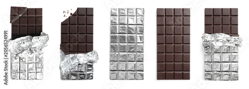 Cuadro en lienzo Dark chocolate bar with foil wrapper isolated on white, collage