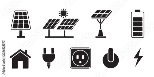 Valokuva Solar energy icons set renewable power sources house plug battery switch lightning bolt