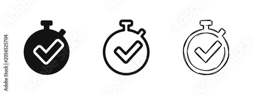Schilderij op canvas Set of three stopwatch icons with a checkmark, illustrating completed tasks, efficiency, or timely success in various styles