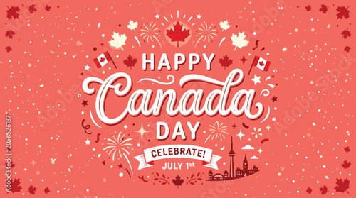 Foto Happy Canada Day greeting card vector, festive red background with maple leaves