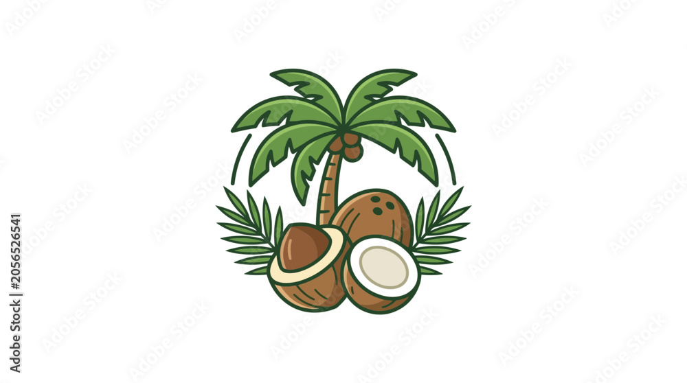 Obraz premium Tropical Coconut Palm Tree Icon with Fresh Coconuts, Vector Illustration