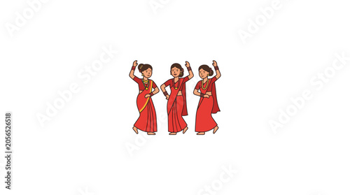 Schilderij op canvas Three Women in Red Sarees Dancing