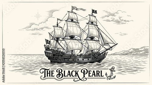 Vintage pirate ship illustration with The Black Pearl text, antique nautical sailing vessel on ocean waves, retro hand drawn maritime vector