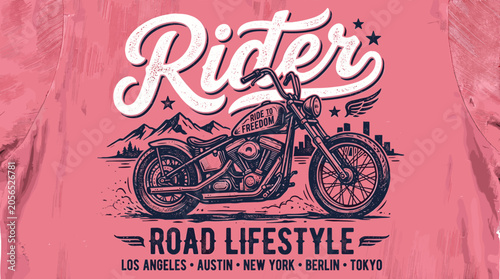 Fotografie Vintage motorcycle rider t-shirt design, retro road lifestyle biker illustration