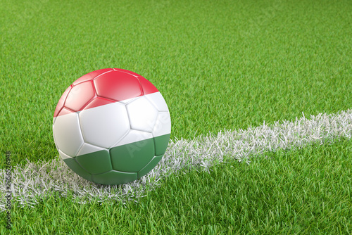 Football / soccer ball with a flag overlay of Hungary on a football pitch background. International match and national team of Hungary concept