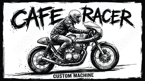 Foto Vintage Cafe Racer motorcycle illustration, hand-drawn custom machine biker art,