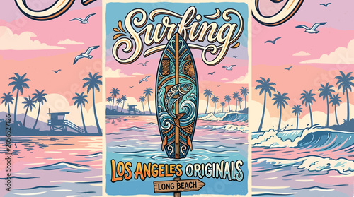 Vintage surfing poster with decorative surfboard, retro beach landscape with palm trees and sunset, California surf culture vector illustration