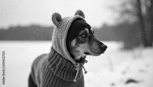 Dog wearing knitted sweater and hood on snowy winter day  