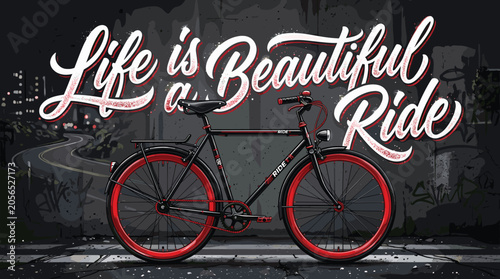 Foto Vintage bicycle illustration with Life is a Beautiful Ride typography, retro red