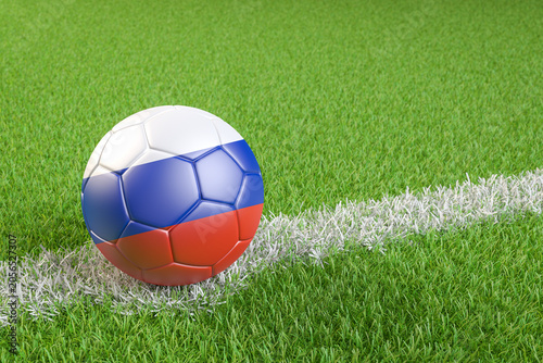 Cuadro en lienzo Football / soccer ball with a flag overlay of Russia on a football pitch background