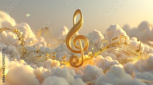 Golden musical notation gracefully floats amidst soft, luminous clouds at sunrise or sunset.