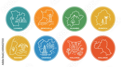 Foto Angola Provinces Map Icons: Luanda, Benguela, Huambo, Cunene, Namibe, Cabinda, M