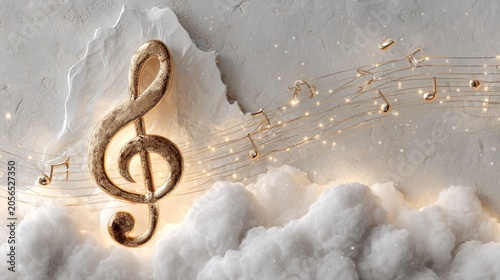 Golden treble clef symbol emerges from soft white clouds against a textured backdrop
