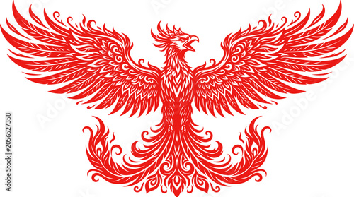Obraz na plátně Crimson phoenix rising, fiery bird, mythical creature illustration, vibrant wing