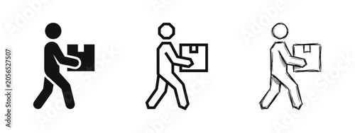 Photos Delivery man carrying a box icon set in solid, outline, and hand-drawn styles, perfect for logistics and shipping designs