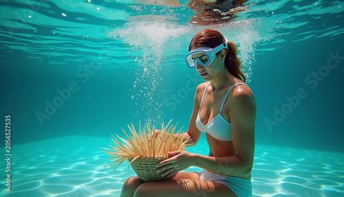 Young woman snorkeling underwater while holding a woven basket  