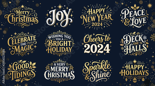 Photos Vintage Christmas Typography Labels, Gold Holiday Lettering Set of 12, Elegant N