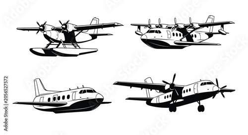 Foto Four black and white illustrations of turboprop aircraft including seaplanes