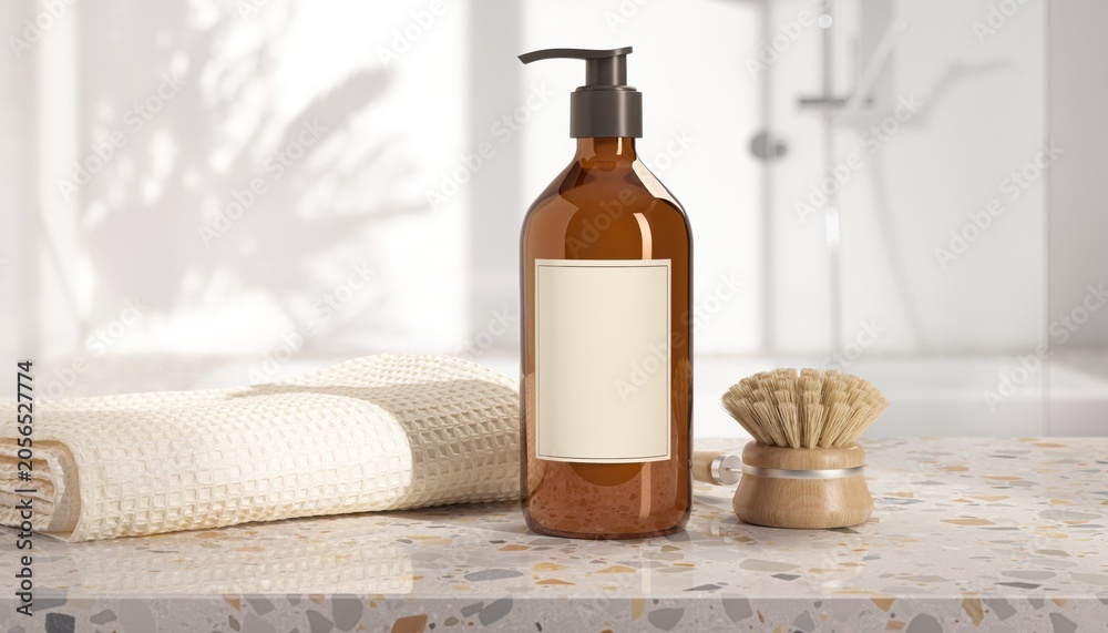 Obraz premium Elegant bathroom scene featuring a brown glass bottle, soft cotton towel, and a shaving brush on a stylish countertop in a modern interior space