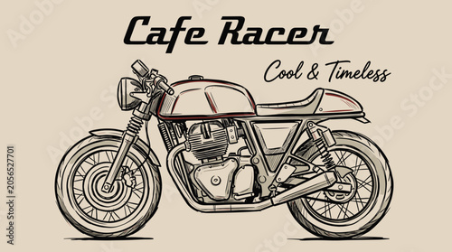 Foto Vintage Cafe Racer motorcycle vector illustration, retro custom motorbike sketch