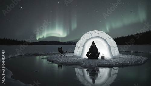 Person meditating inside igloo under northern lights at night  
