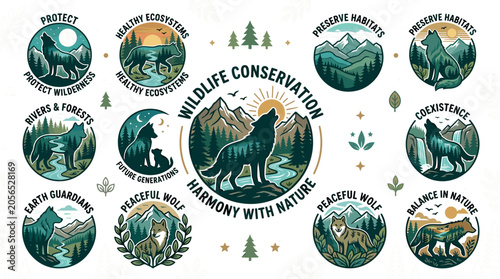 Canvastavla Wildlife conservation emblem vector set featuring wolves, mountains, and forest landscapes with eco friendly nature preservation slogans for outdoor badges