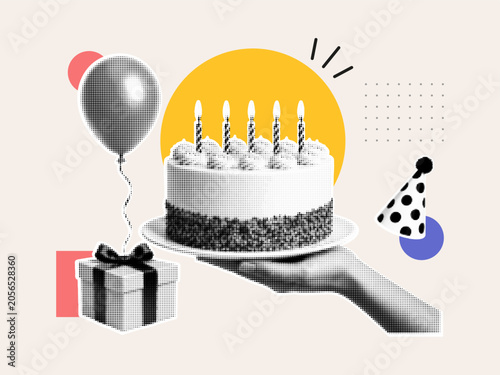Birthday celebration collage with cake on hand, gift box, balloon and party hat. Modern halftone illustration with colorful geometric shapes for festive greeting and anniversary design.