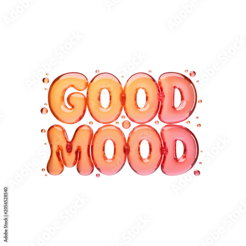 Good mood liquid lettering in glossy orange and pink colors isolated on a transparent background for creative design and print assets.