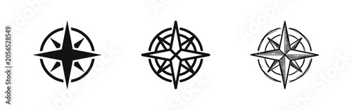 Bild auf Leinwand Compass Rose and Navigation Icon Set in Solid, Outline, and Hand-Drawn Sketch St