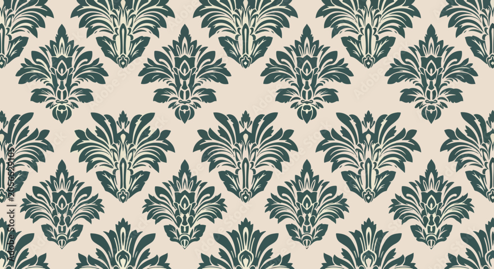 Fototapeta premium Classic blue damask wallpaper with intricate botanical elements and vintage elegance