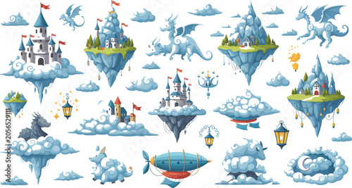 Photos Fantasy Sky Kingdom Vector Collection with Floating Islands, Magical Castles, Fl