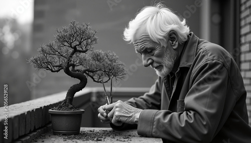Elderly man pruning bonsai tree on balcony in black and white  