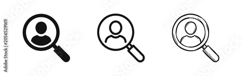 Obraz na płótnie Find user icon with magnifying glass over a person symbol, in solid, outline, and hand-drawn styles