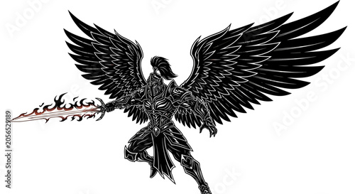 Schilderij op canvas Black angel with outstretched wings flying.
